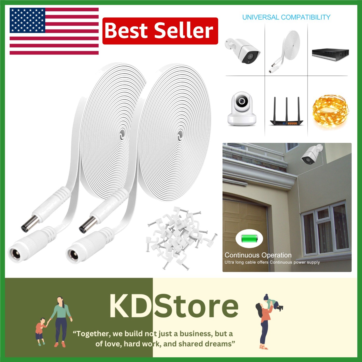 10ft/3m Male-Female DC Power Extension Cables for 12V Security Cameras - White