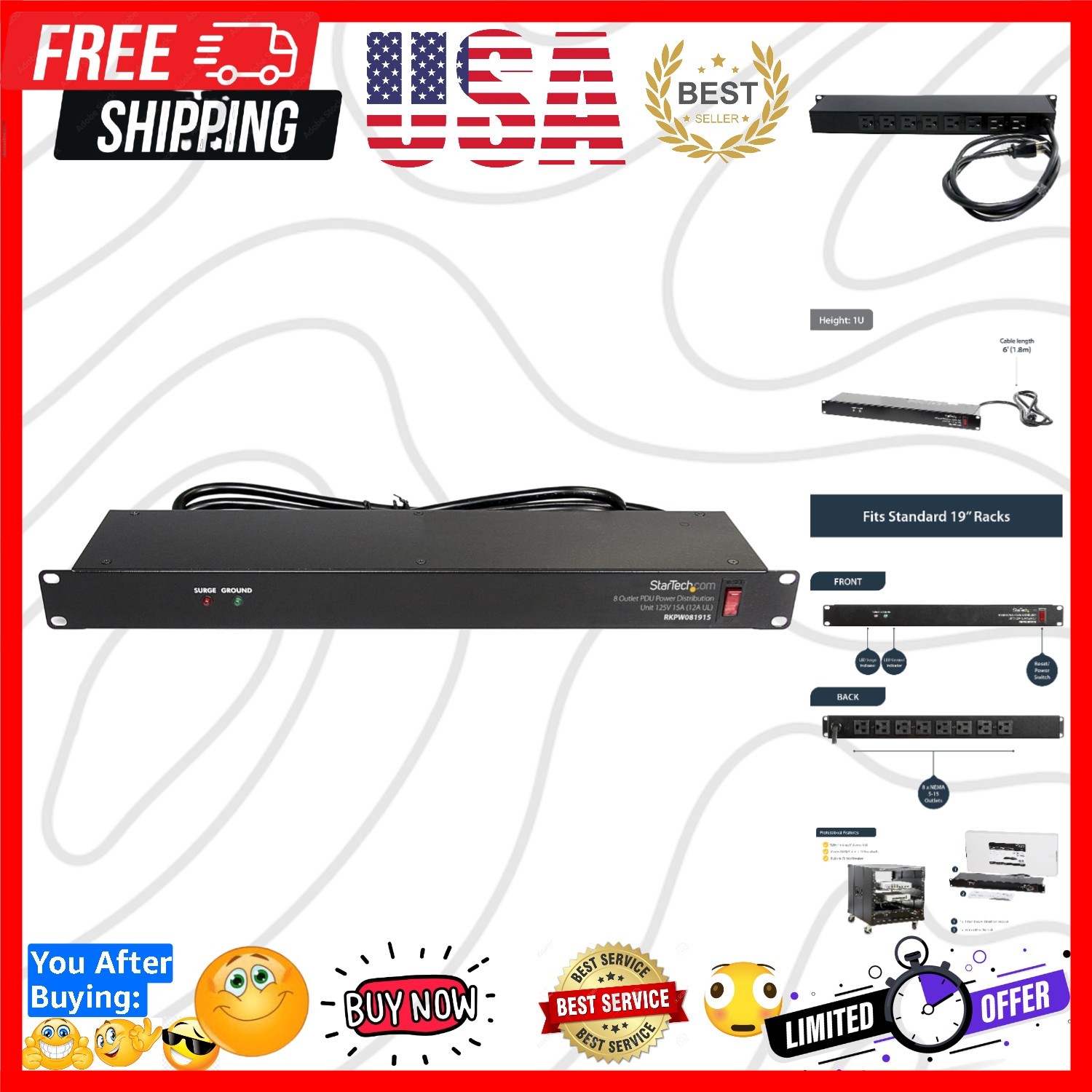 8 Outlet Horizontal 1U Rack Mount PDU Power Strip for Network Server Racks - ...