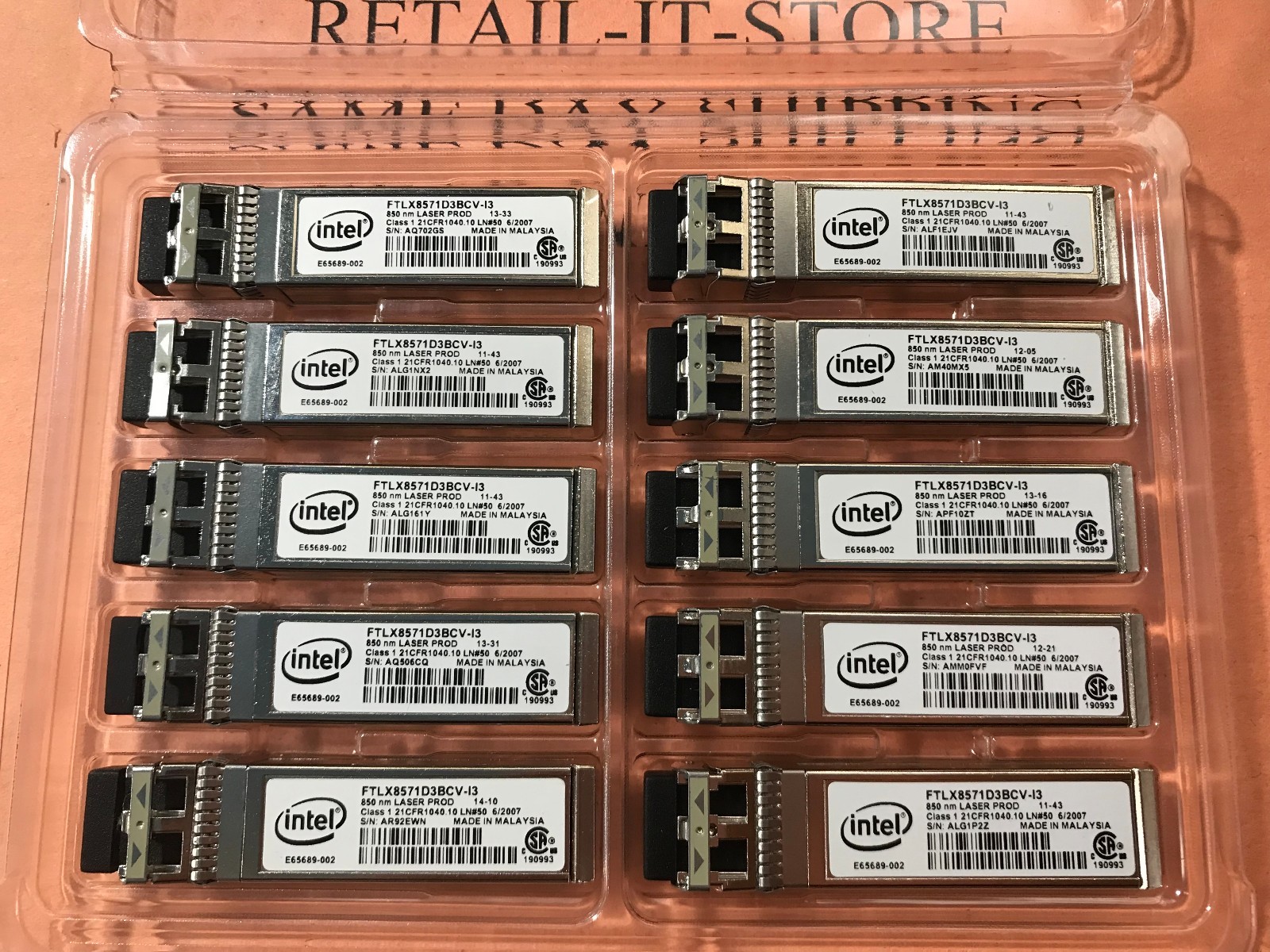 10x INTEL E10GSFPSR FTLX8571D3BCV-I3 E65689-002 SFP+ 10G FTLX8571D3BCVCTX