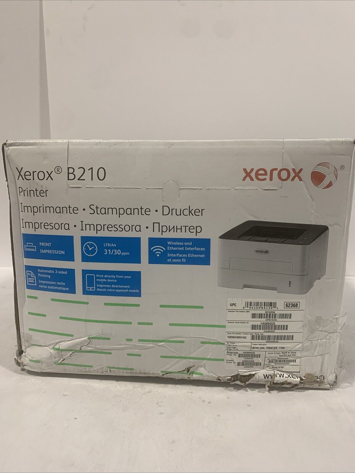 New - Xerox B210 Monochrome Laser Printer - White