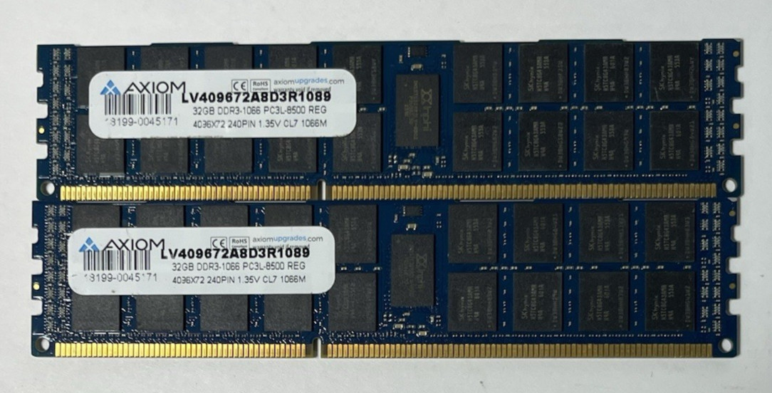 LOT OF 2 Axiom 32GB DDR3-1066 PC3L-8500 LV409672A8D3R1089 RAM Memory ECC Server