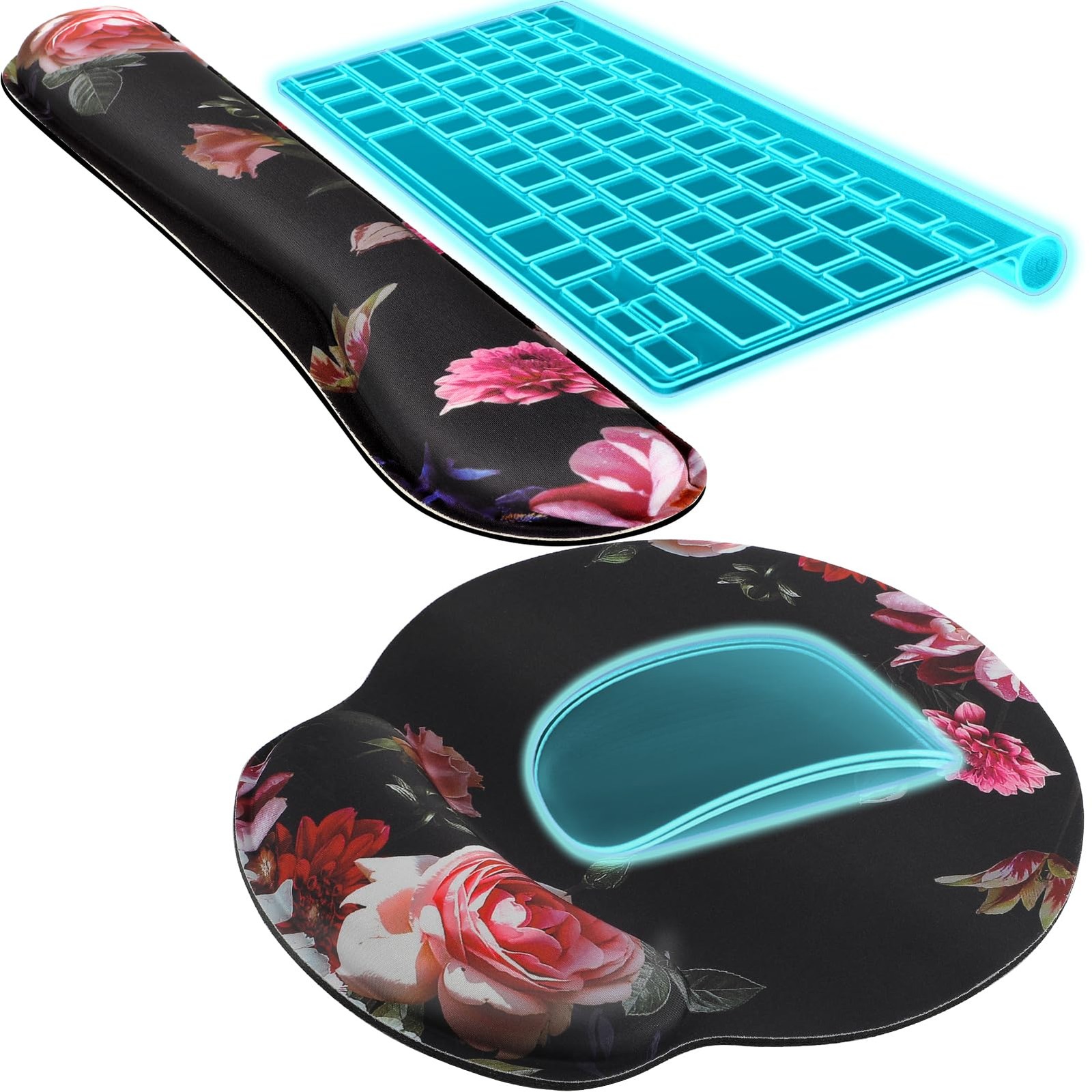 Peony Flower Keyboard Mouse Pad Set With Wrist Rest Memory Foam NonSlip