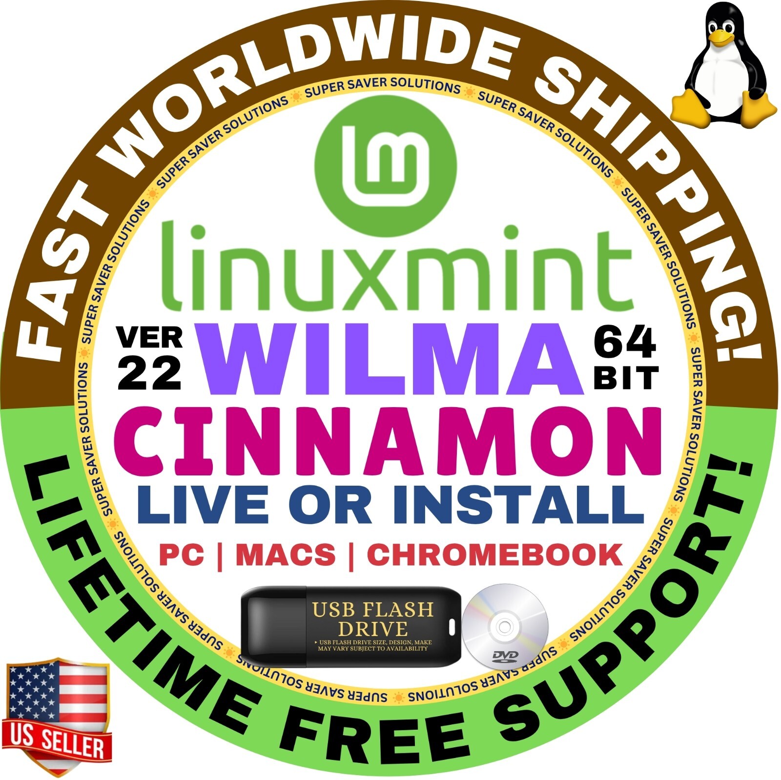 Linux Mint 22 Wilma Cinnamon 64Bit  Live Boot Full Install Mac/PC