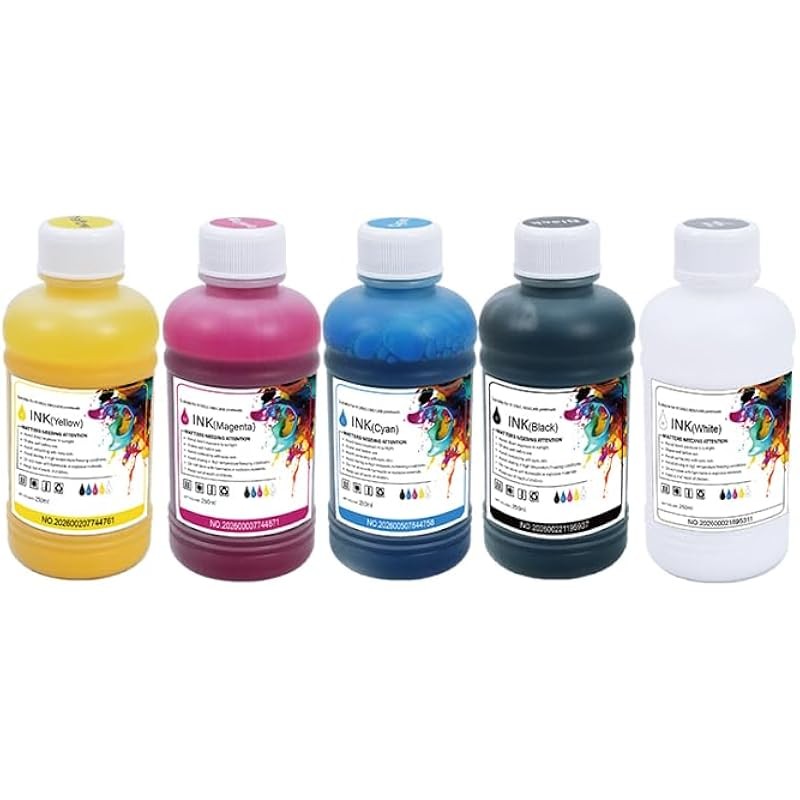 DTF Ink 250ml×5 Combo Pack, Heat Transfer Refill Ink for DTF Printers L1800 R13