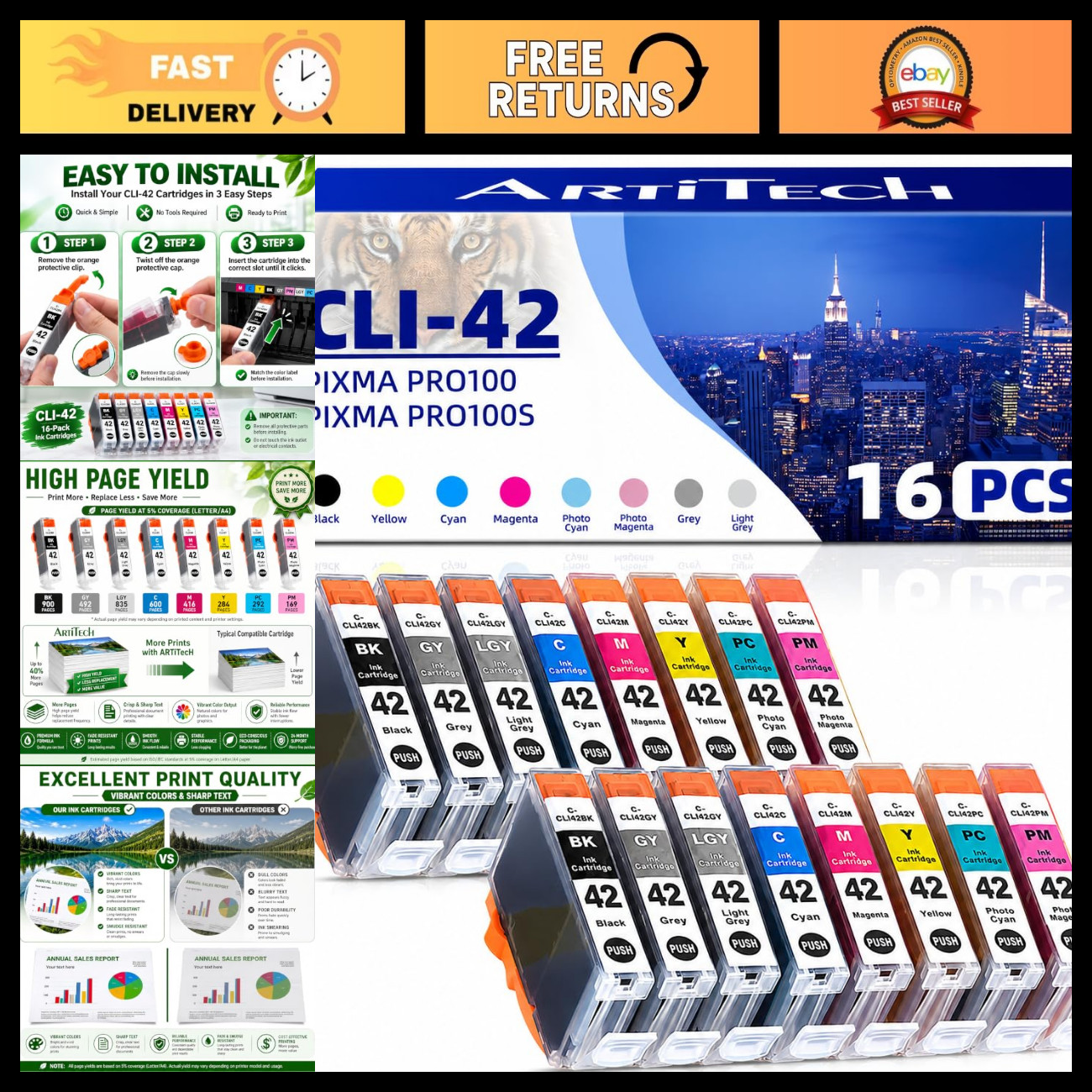 16 Pack Compatible Ink Cartridges for PIXMA Pro-100, Pro-100s - CLI-42 CLI42