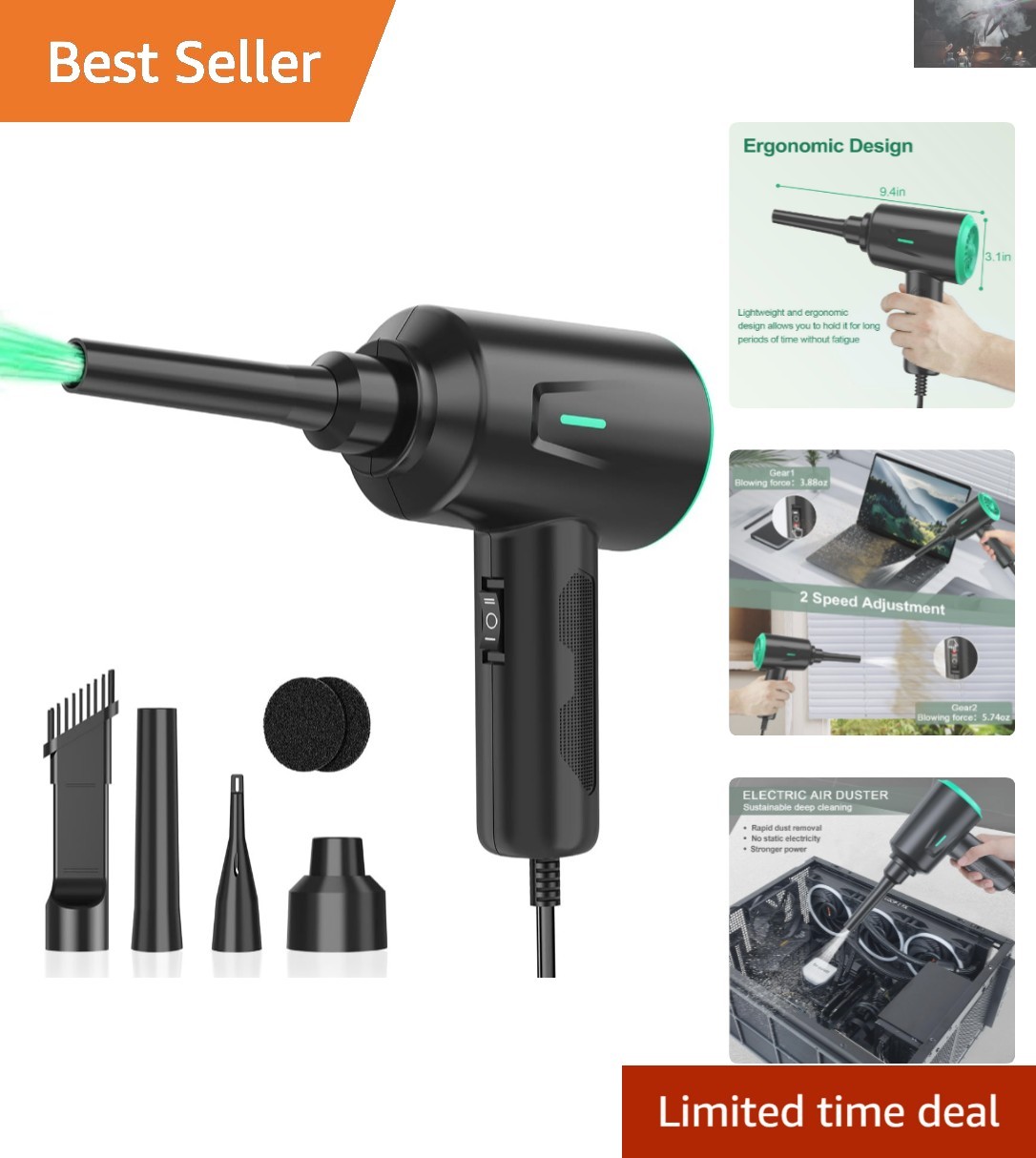 Eco-Friendly Air Duster with 8.2ft Cord - Rechargeable and Versatile Cleaner