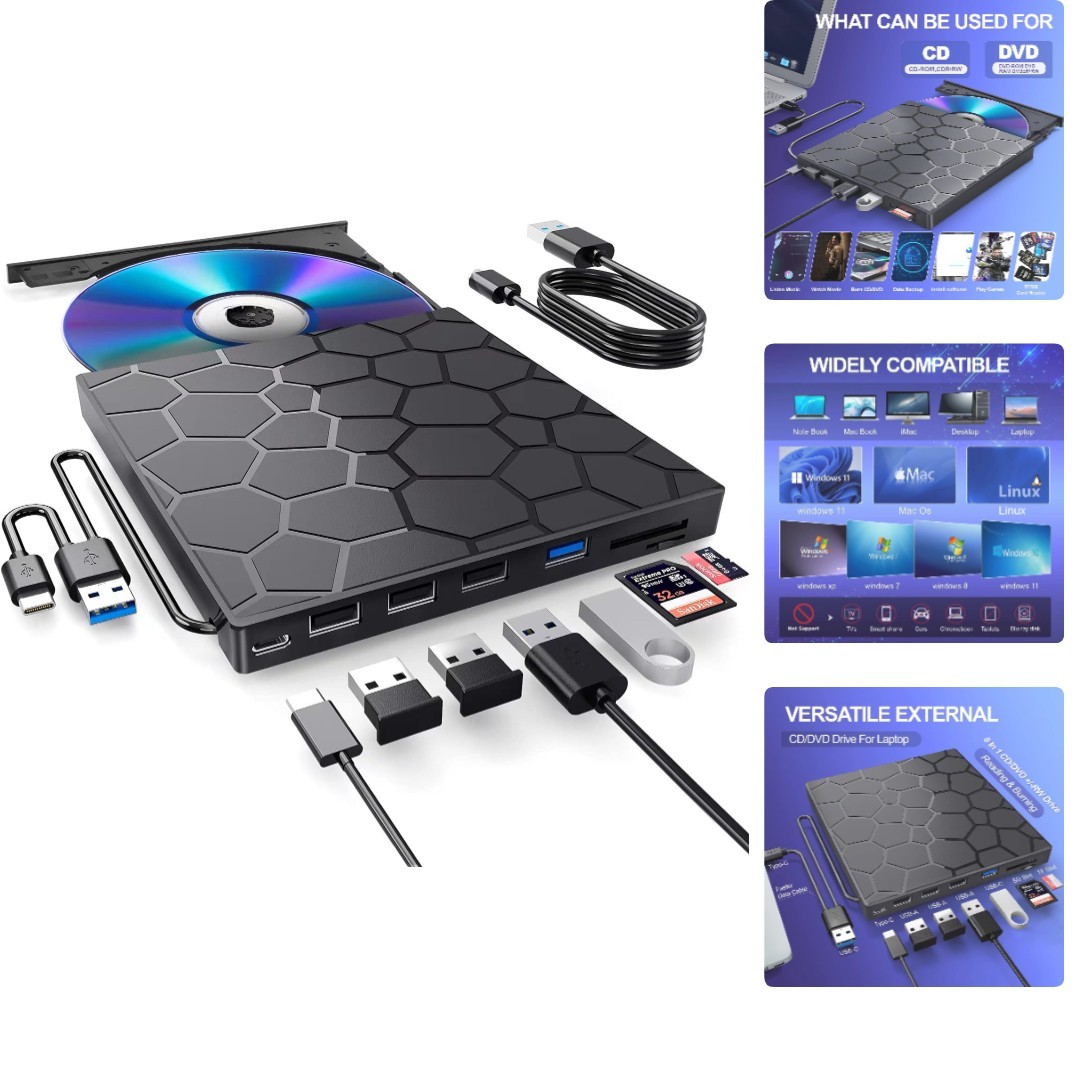 Versatile 8-in-1 USB 3.0 External CD/DVD Drive - Ideal for Long-Term Data Backup