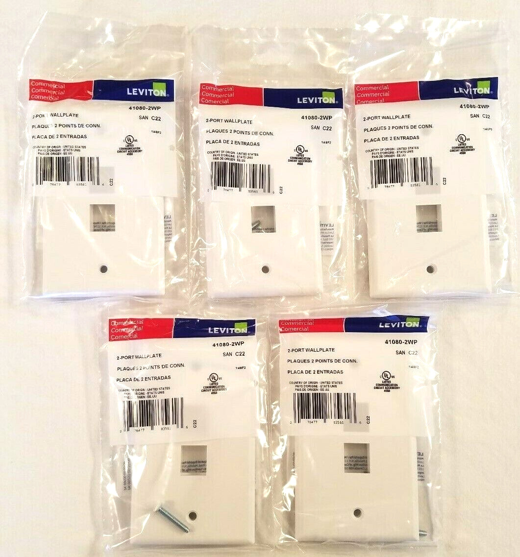 41080-2WP 2-Port Leviton Single-Gang QuickPort Wallplate, White - 5 PACK