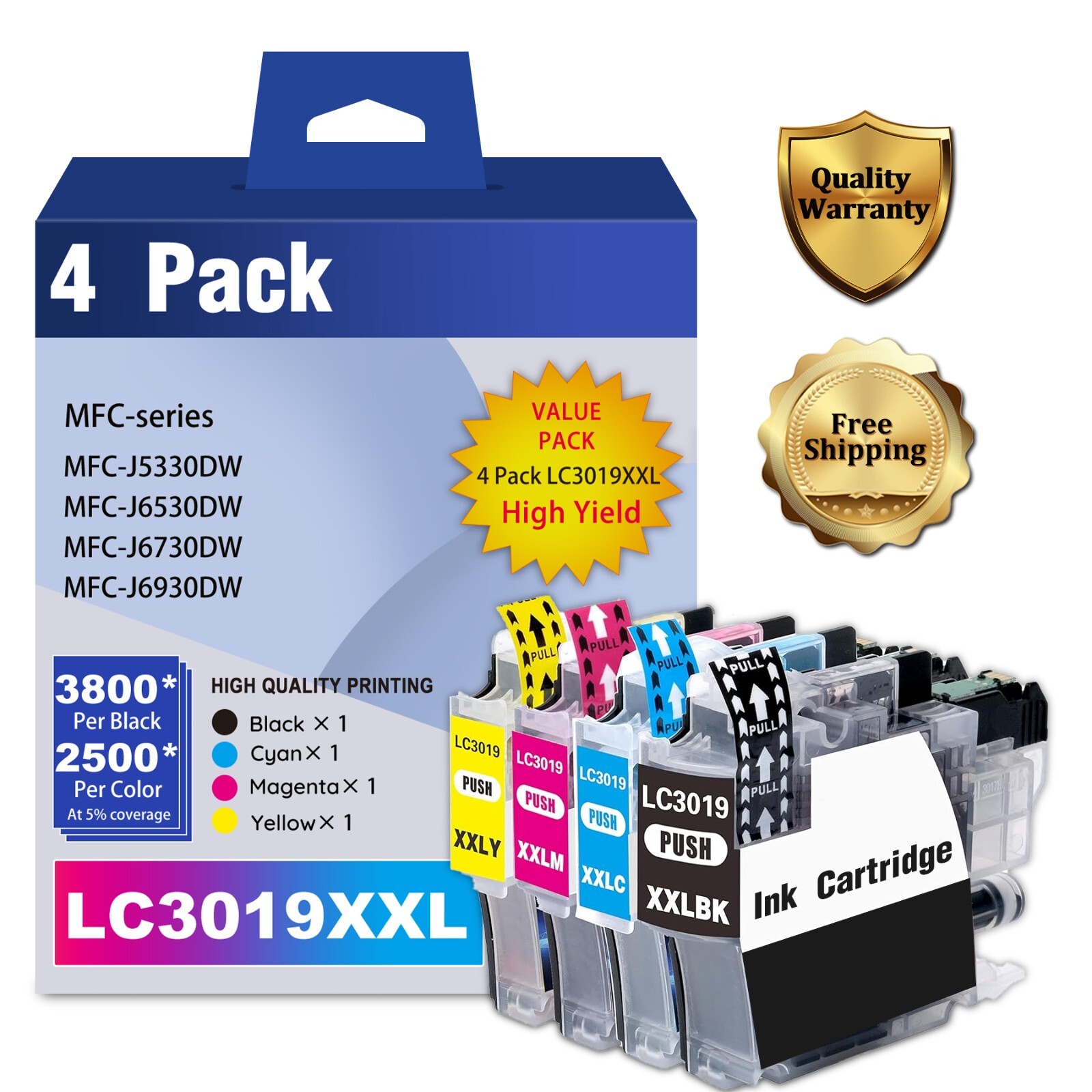 4-Pack LC3019 XXL Ink Cartridges (BK/C/M/Y) for Brother MFC-J5330DW Printers