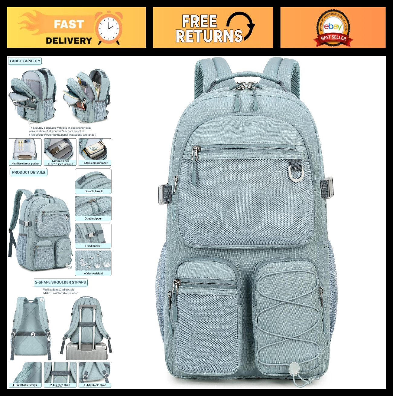 Water Resistant Backpack, Multi-Pocket Daypack for School, Travel, Outdoor, 15.6