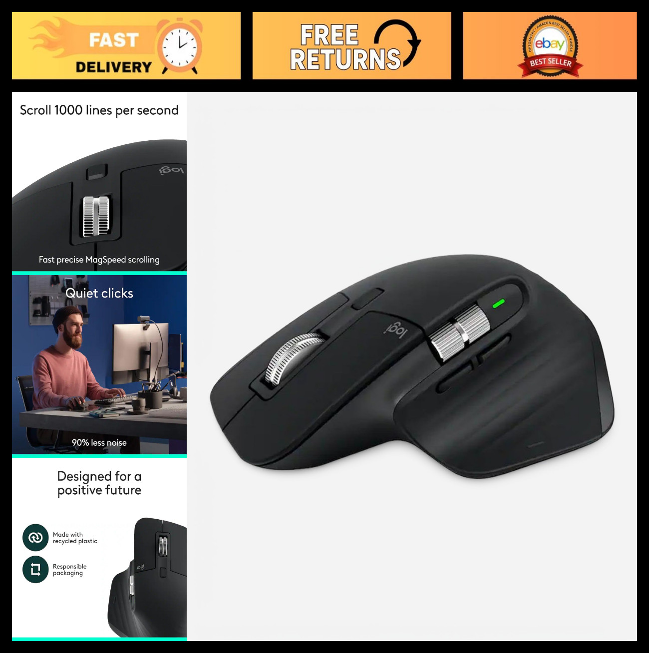 Wireless Performance Mouse - Ultra-Fast Scrolling, 8K DPI, Ergonomic, Bluetooth,