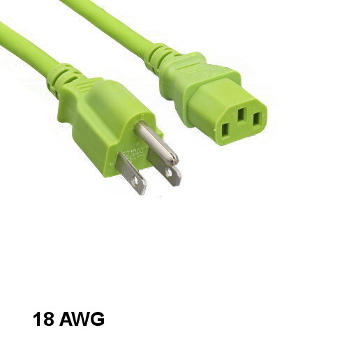 Green Color 10feet 18AWG AC Power Cable NEMA 5-15P to IEC-60320 C13 10A/125V SJT