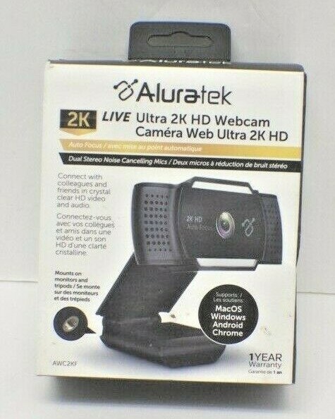Aluratek Live 2K Webcam - Black/Silver (AWC2KF) - NEW - SEALED