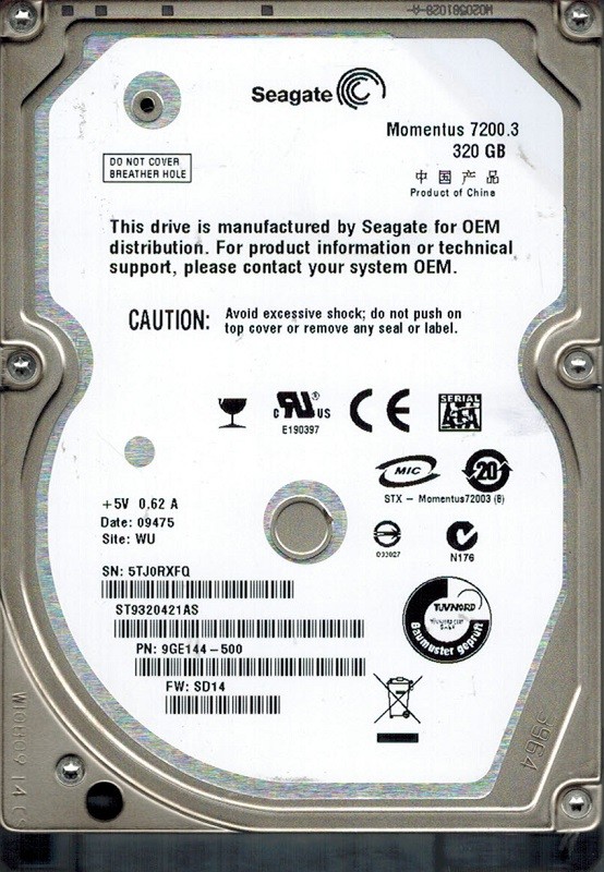 Seagate ST9320421AS P/N: 9GE144-500 F/W: SD14 WU 320GB