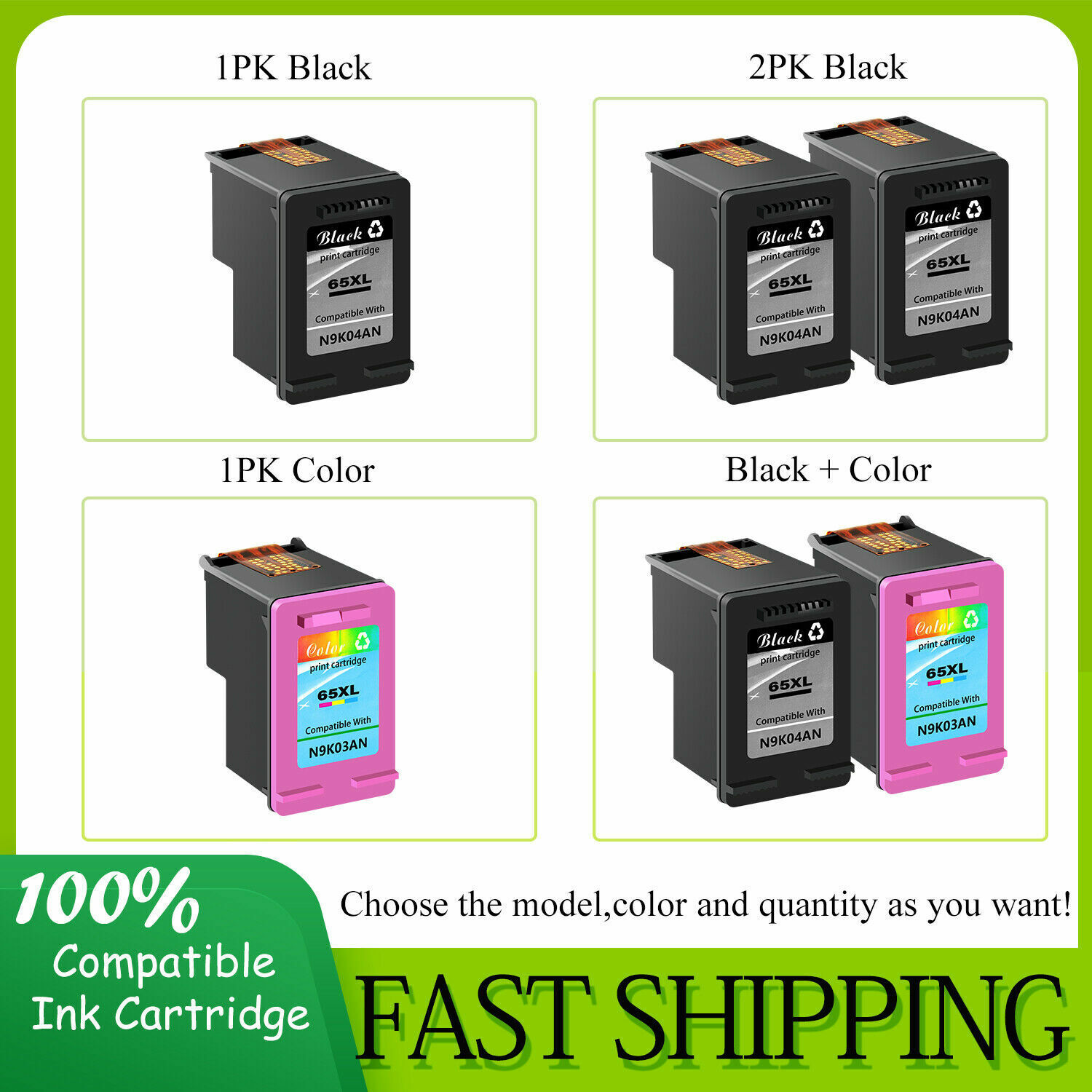 Compatible for HP 65XL 63XL 62XL 61XL 60XL Black Color Combo Ink Print Cartridge