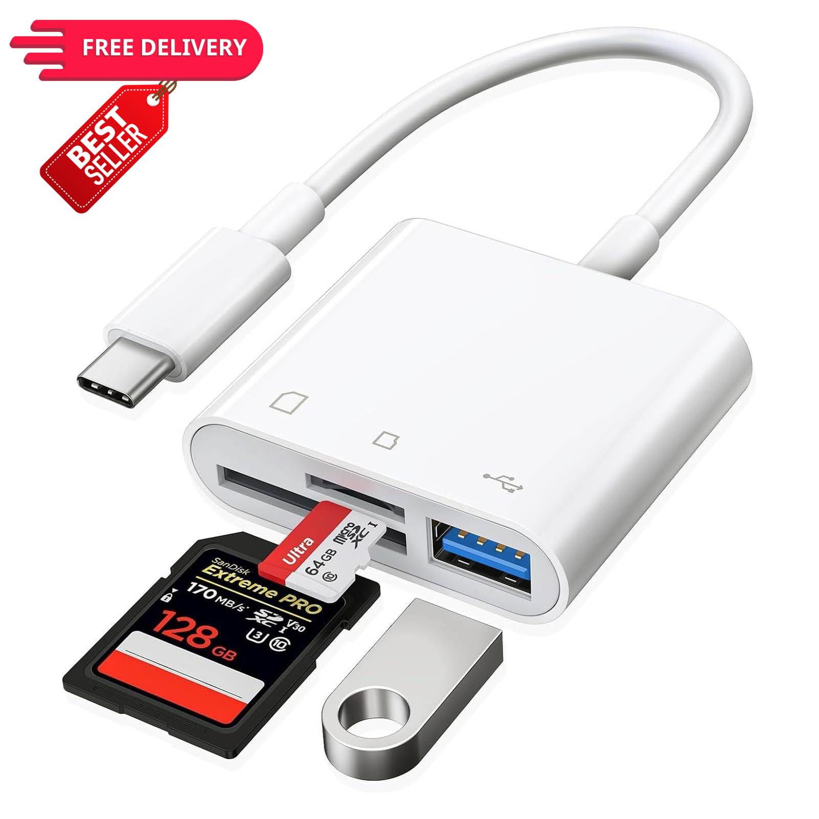 USB C to SD Card Reader, Raycue Adapter with MicroSD 3 white