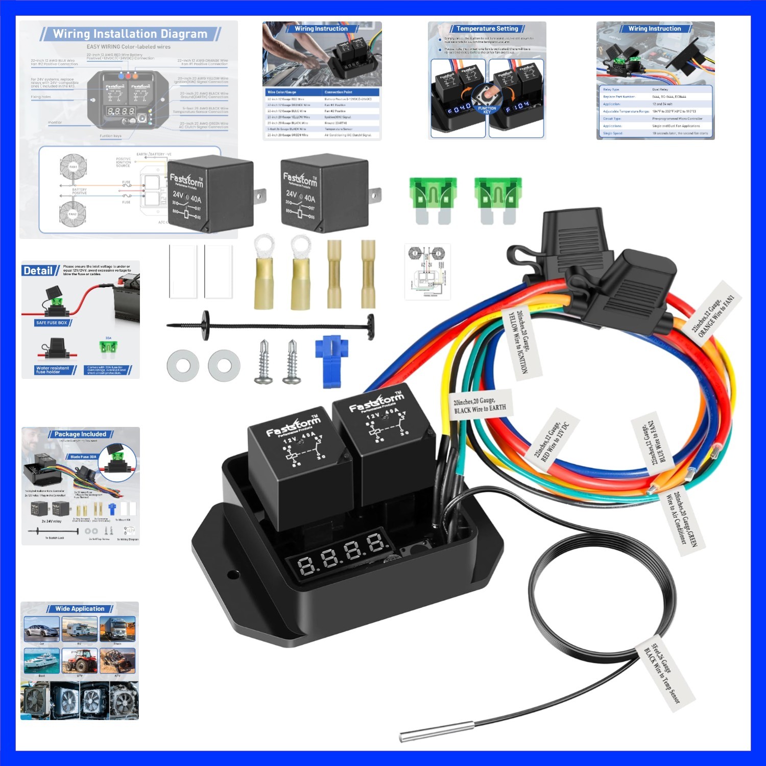 Digital Radiator Fan Switch Kit 12V/24V, Adjustable 104°F-230°F w/Dual Electr...