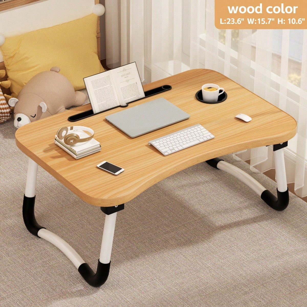 Khaki Portable Foldable Laptop Bed Desk Tray Cup Holder Wood Reading Sofa Floor