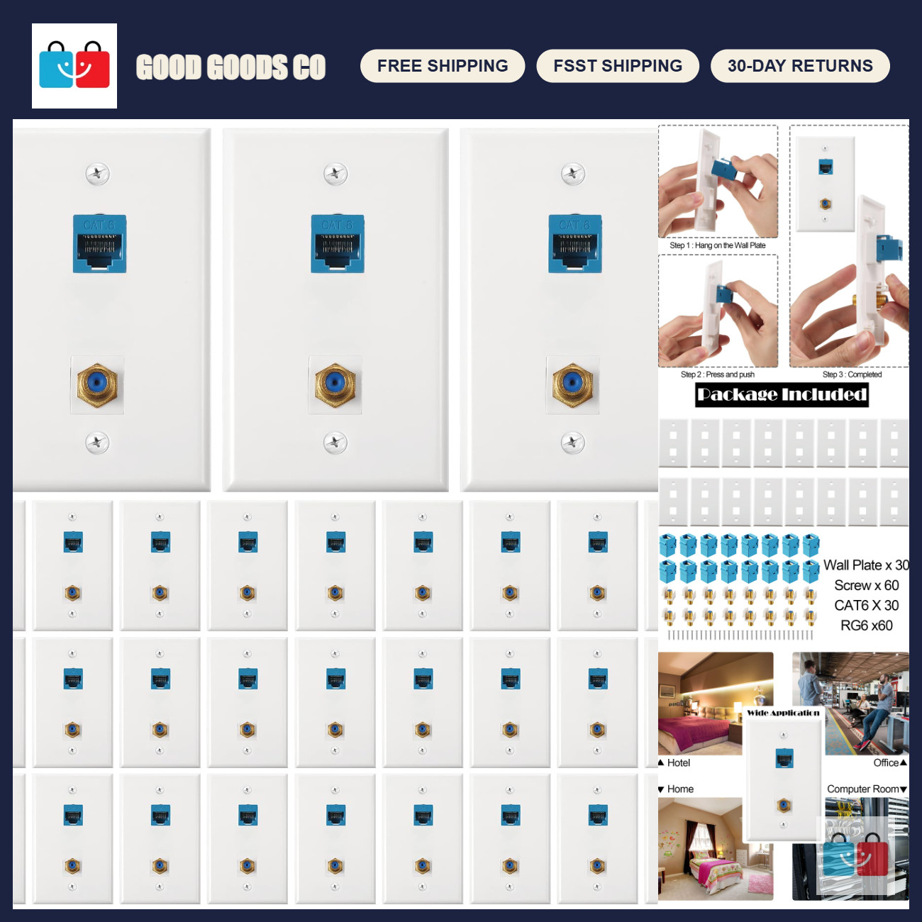 30 Pack Cat6 Ethernet Coax Wall Plates, F-Type Port, Blue, Networking Accessorie