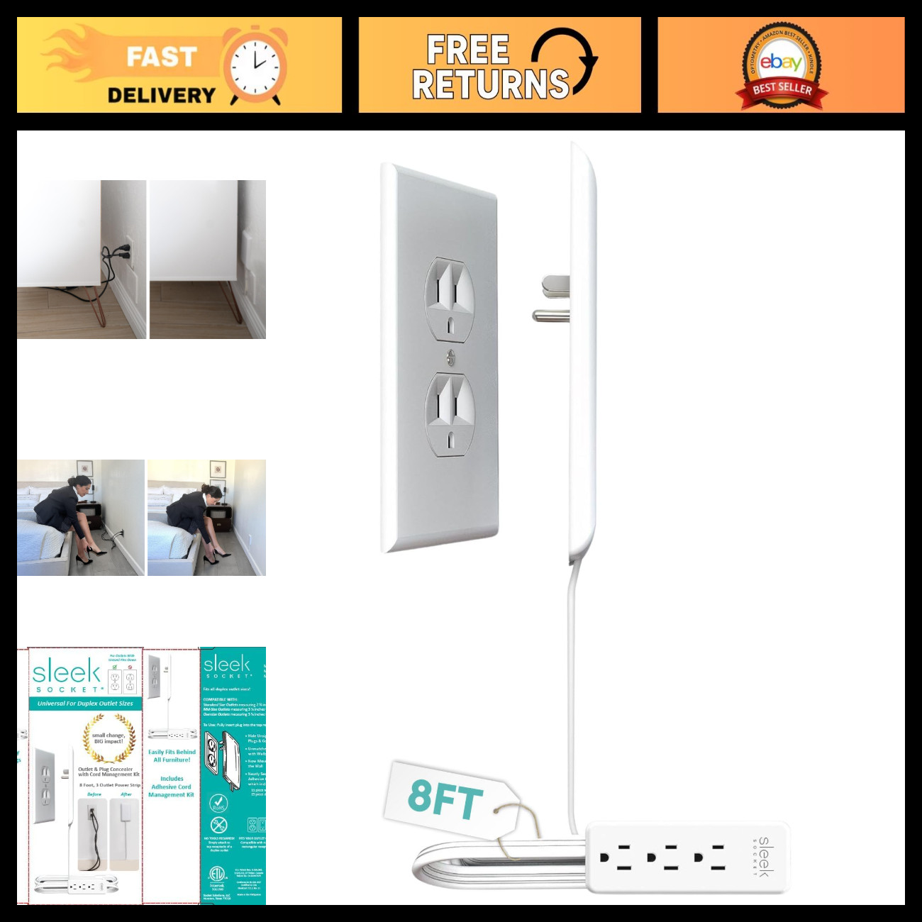 Ultra-Thin Outlet Concealer & Cord Kit, Flat Power Strip with Multi Outlets, Hom