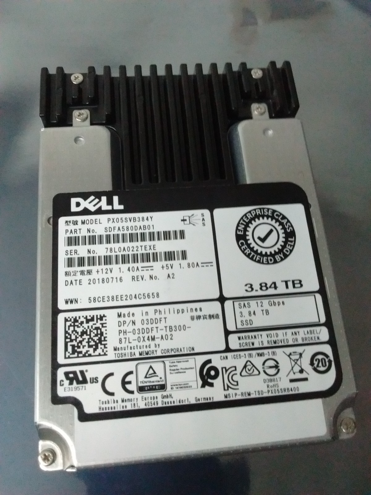 Dell 3.84 TB SSD SAS 12Gbps MU 03DDFT  PX05SVB384T  100% Life Remaining