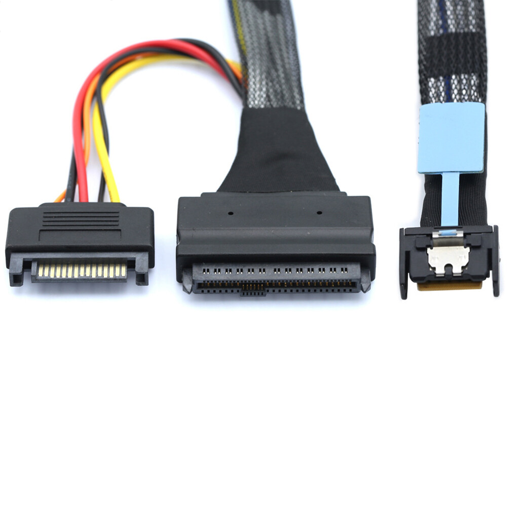 Gen5 MCIO Slimline SFF-8654 4I to U.2 SAS SFF-8639 Cable with SATA 15P Male