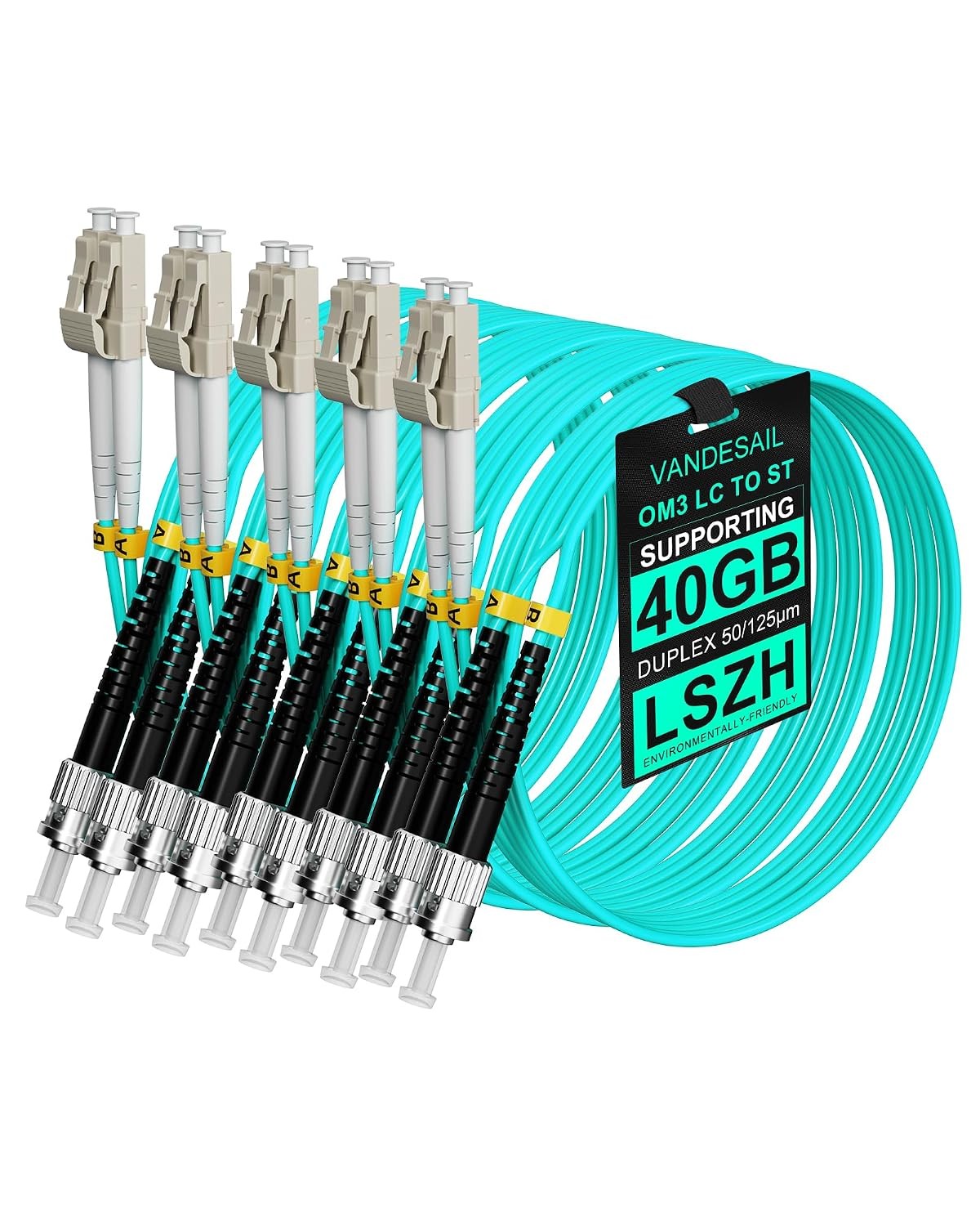 5 Pack LC To ST Multimode Fiber Patch Cable OM3 1M 3FT Duplex MM Jumper