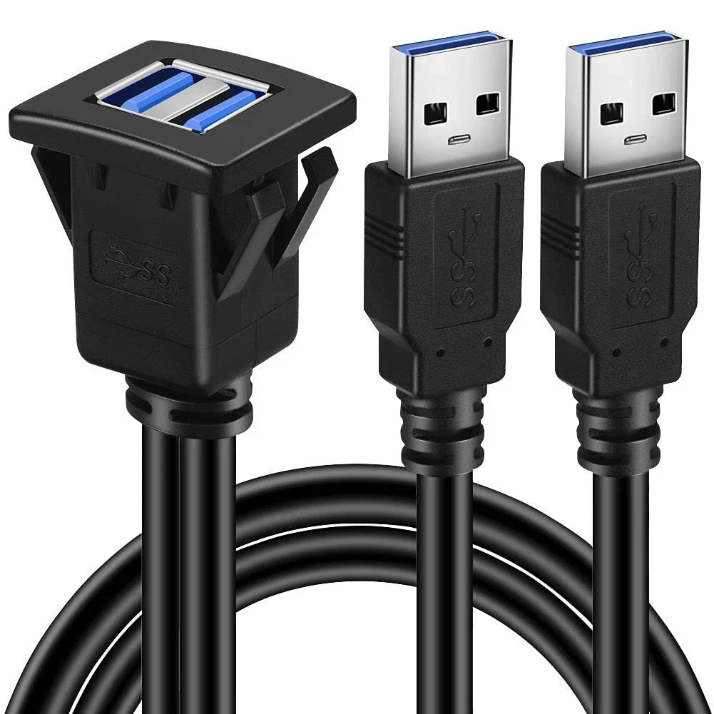 Dual Ports Square USB 3.0 Panel Flush Mount Extension Cable with Buckle