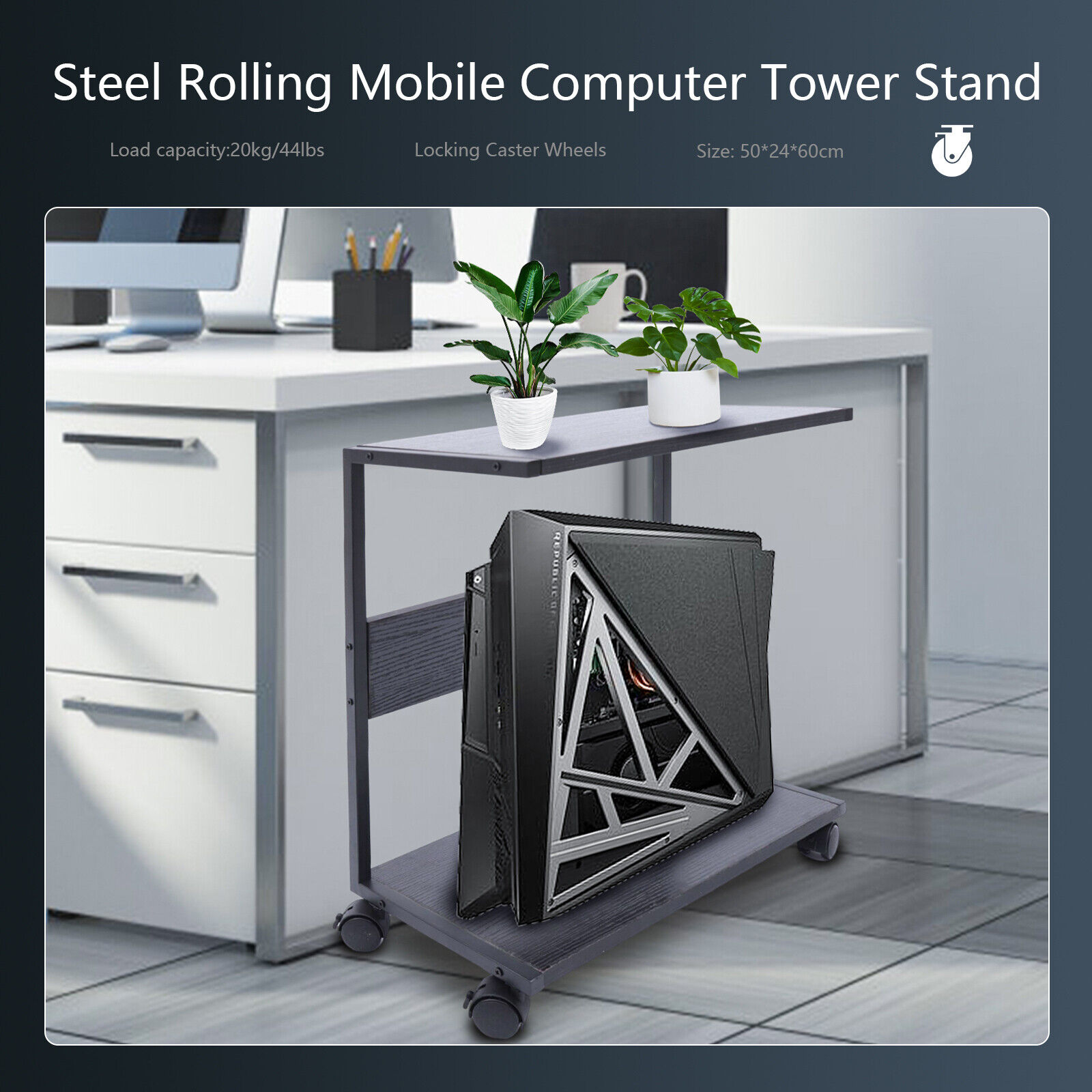 2-Tier CPU Stand Computer Tower Under Desk CPU Holder w/ Lockable Caster Wheels