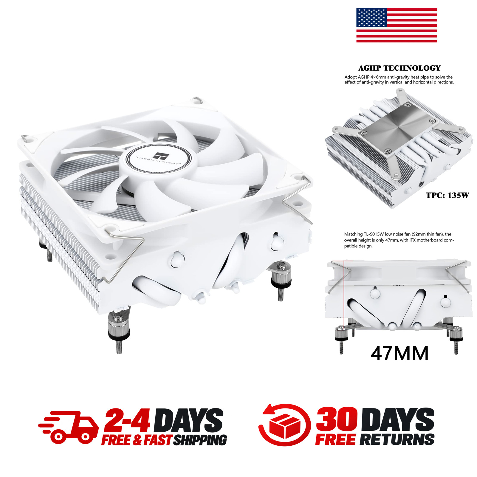 Low Profile CPU Cooler AXP90 X47 White with 92mm PWM Fan for AMD Intel ITX