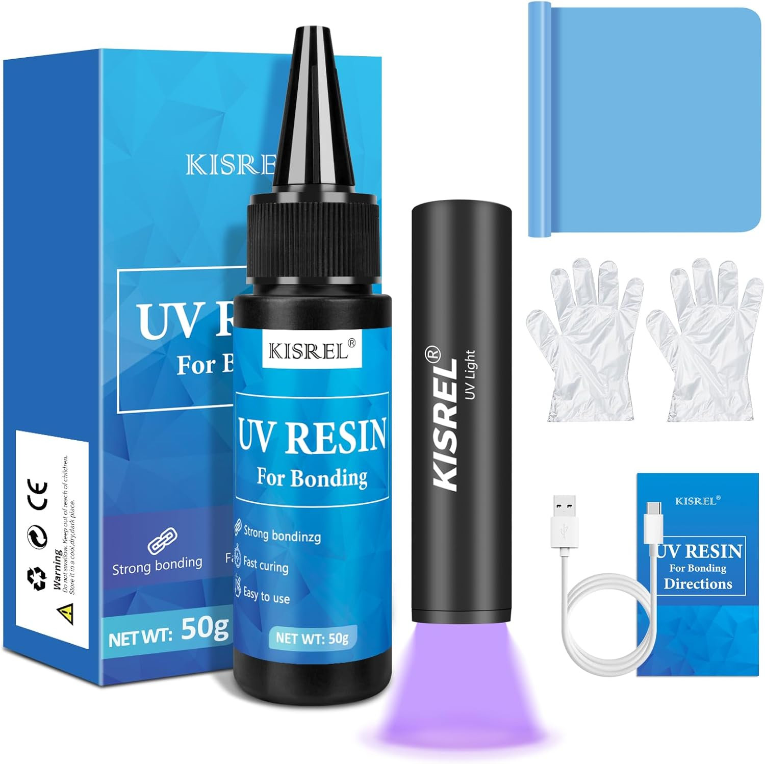KISREL 50g UV Resin Kit with Light, Fast Curing & Bonding in Seconds, 50g UV Res