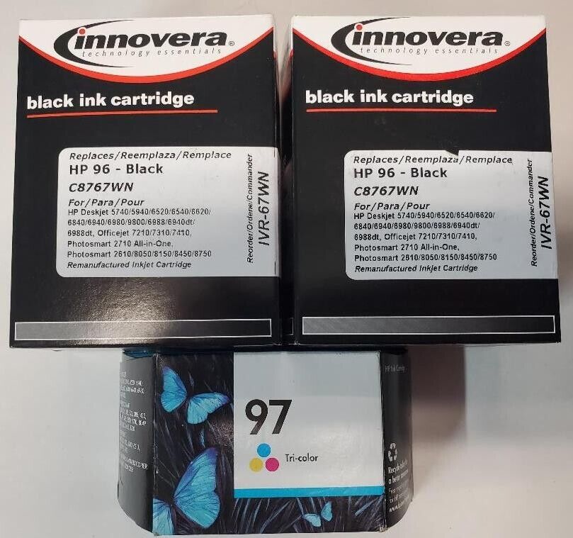 Lot 3 Genuine Sealed Innovera 96 Blk and OEM HP 97 Clr Inkjets (2 Blk and 1 Clr)