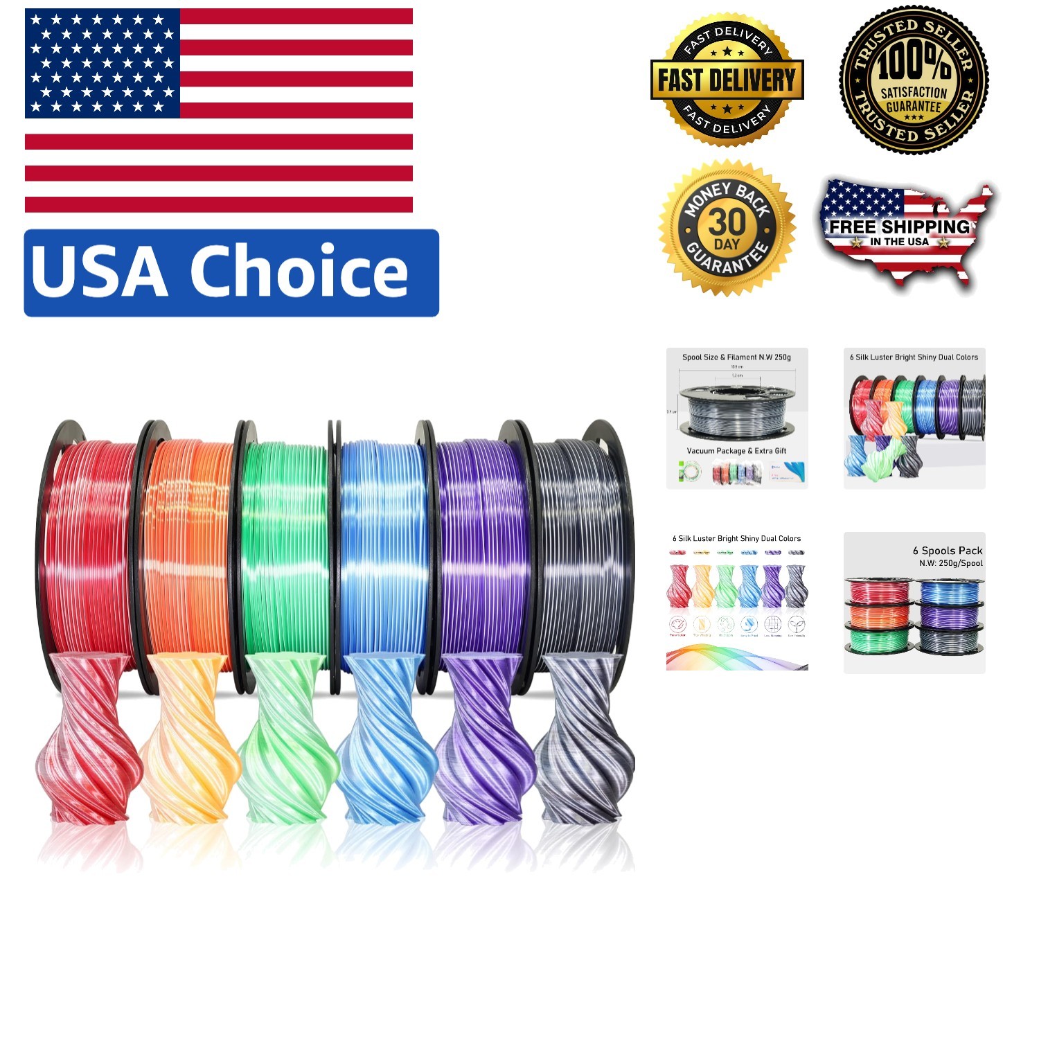 Dual Color Silk PLA Filament - 6 Spools 250g for Versatile 3D Printing