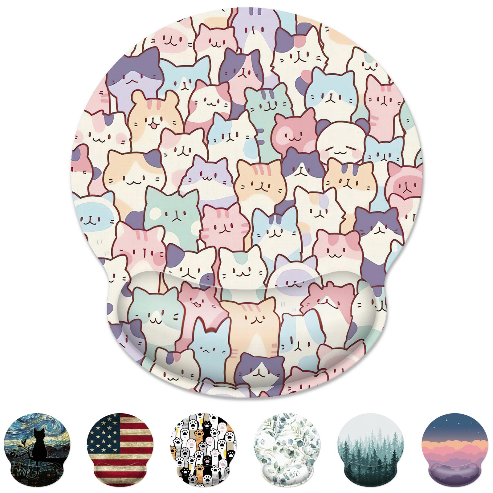 Cute Colorful Cat Ergonomic Mouse Pad with Wrist Rest for Desk Work Office