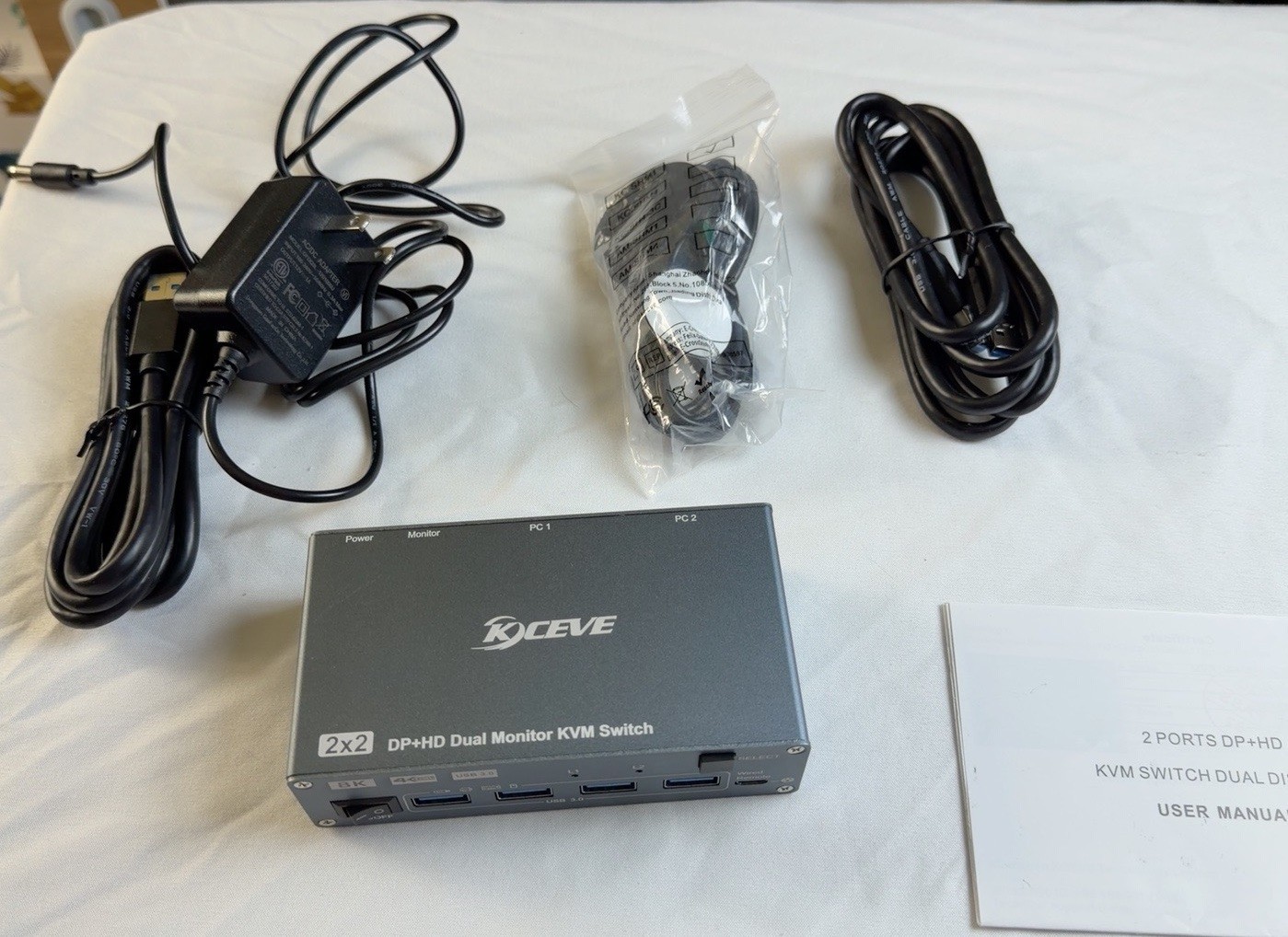 KCEVE 8K Dual Monitor KVM Switch 2x2 HDMI DP USB 3.0 4K 120Hz w/Cables