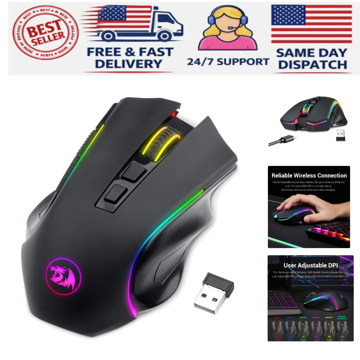 High-Performance M602 RGB Gaming Mouse - Customizable, Rechargeable, 8000 DPI