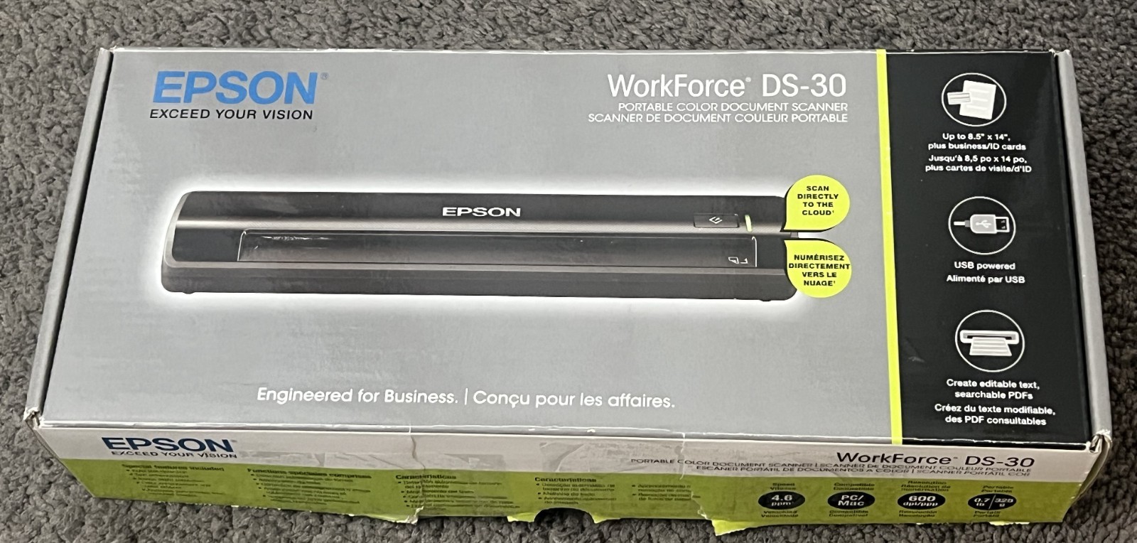 Epson WorkForce DS-30 Portable Scanner Black USB Powered Tested New Open In Box