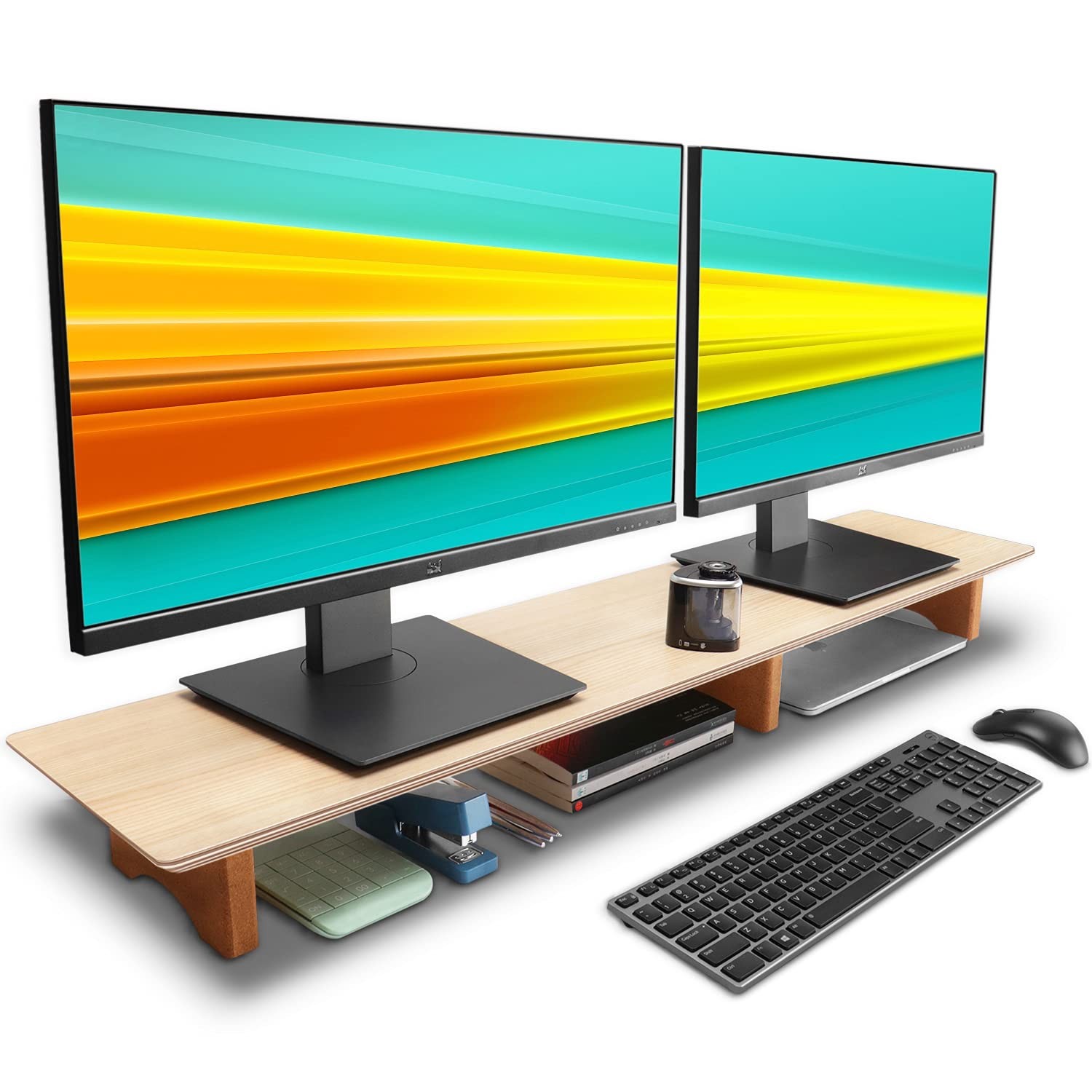 Large Dual Monitor Stand Riser, Solid Wood Desk Shelf with Eco Cork Legs for ...