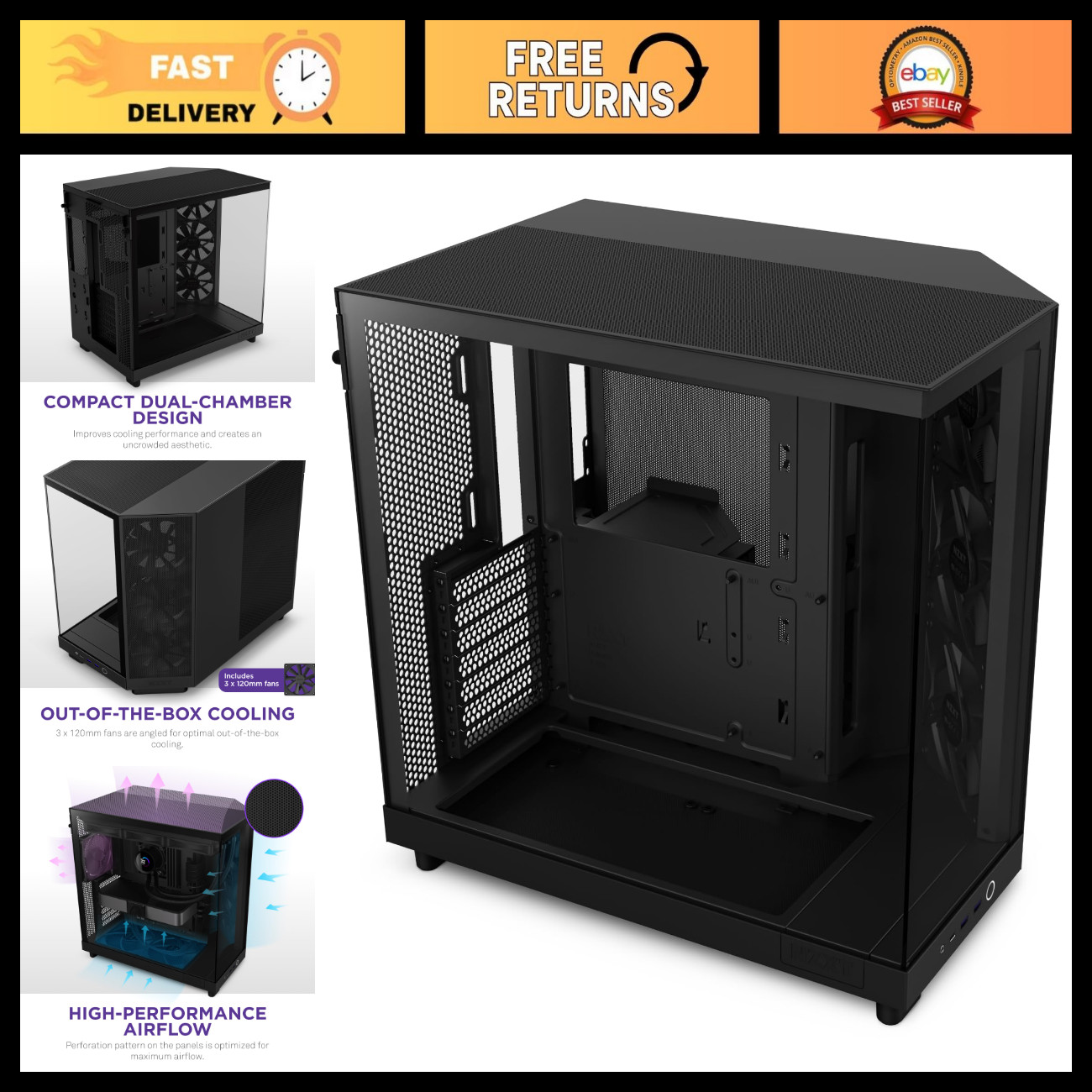 Compact Dual-Chamber Mid-Tower Case | High-Performance Airflow | 3 x 120mm Fans