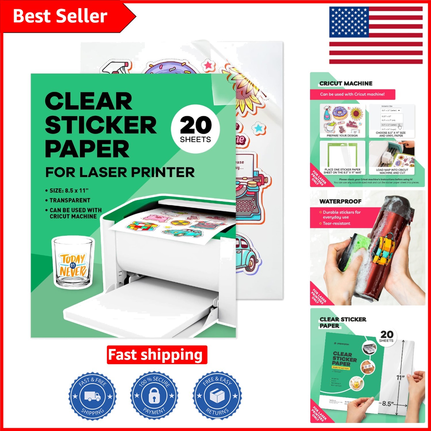 Biodegradable Clear Sticker Paper - 20 Sheets, Compatible with Laser Printers