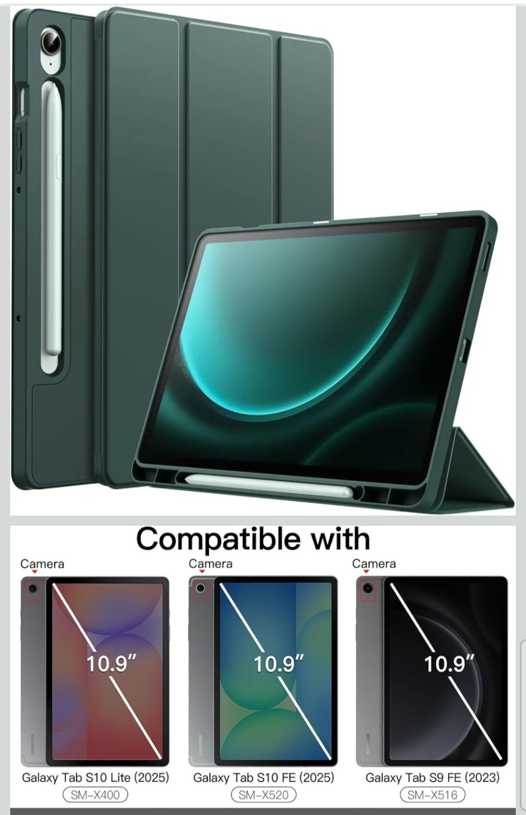Green Folding Folio Case for Samsung Galaxy Tab S10/S9 FE 10.9" w/ Pencil Holder