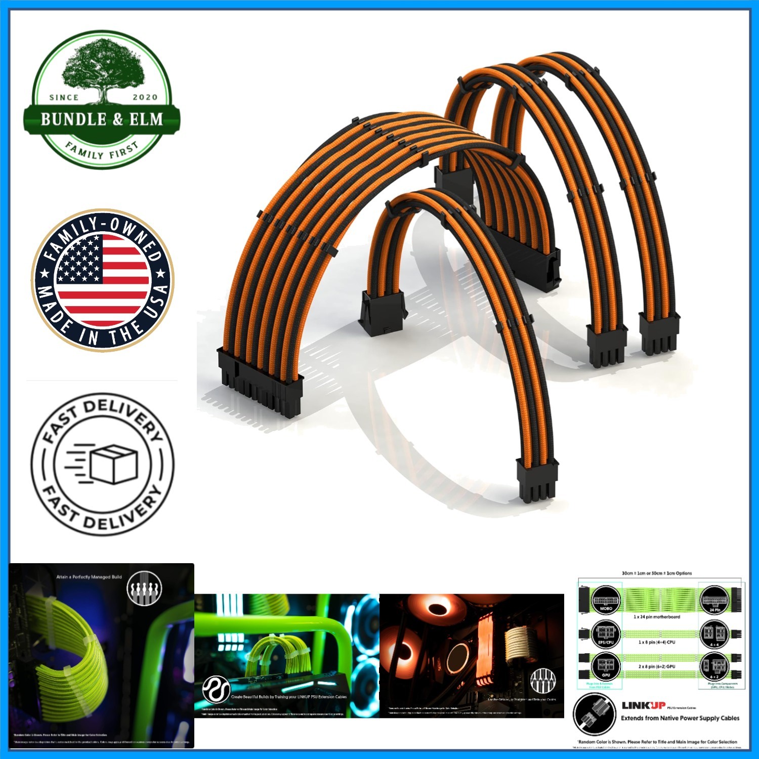 Braided PSU Cable Extension Kit, 50cm Length for PC Modification - Orange/Black