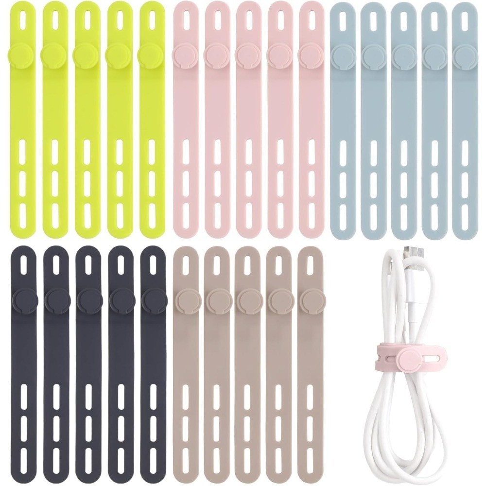 Reusable Silicone Cable Ties 25 Pcs High Elasticity Cord Wraps for Electrical