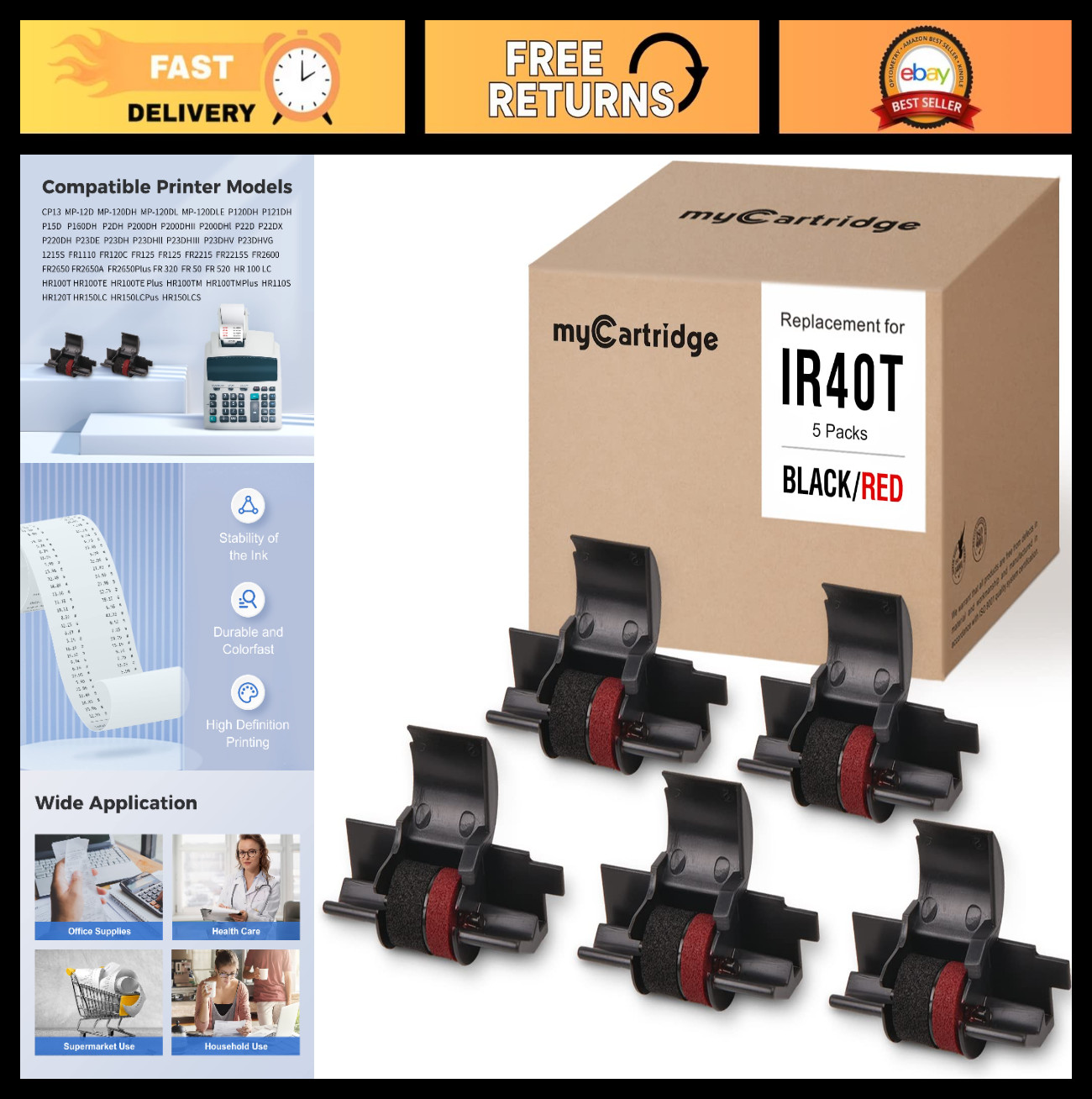 Replacement Ink Ribbons for IR40T IR-40T, Black & Red, 5 Pack - High Quality Pri