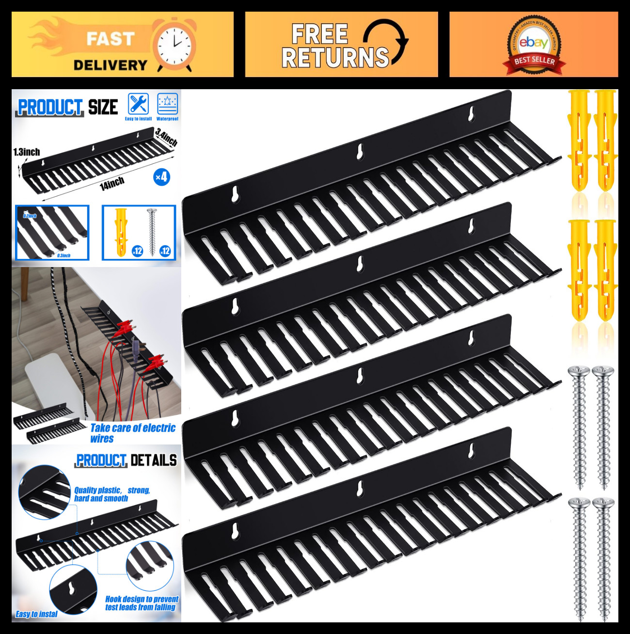 4 Pcs Wall Mount Cable Hanger Cord Organizer Rack - 19 Slots for Storage & Manag