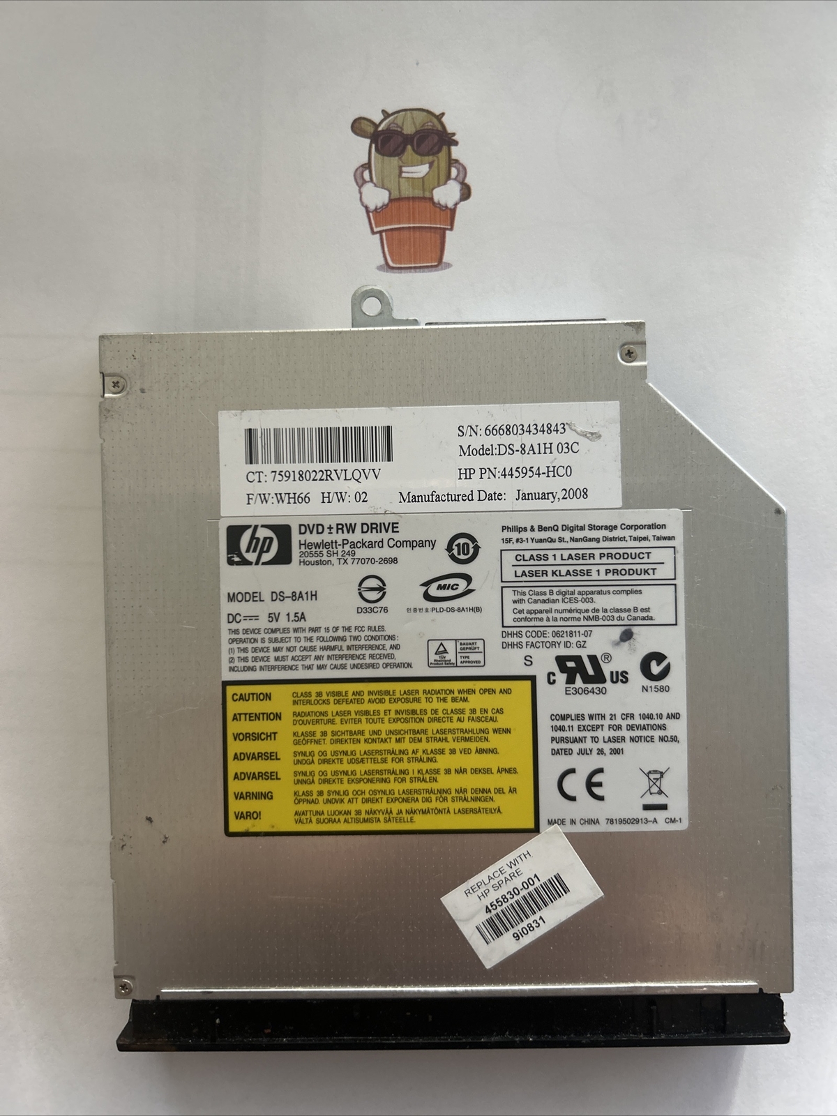 Philips DS-8A1H Slim IDE DVD±RW Lightscribe HP Laptop Drive 455830-001