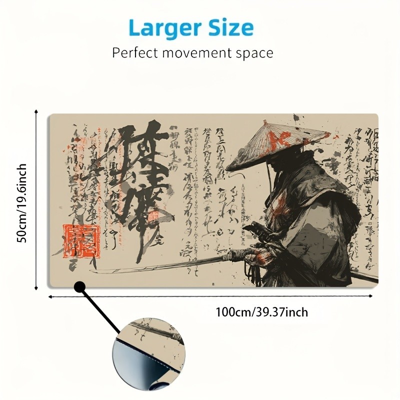 1 Large E-Sports Gaming Mouse Pad with Ink Wash Style Samurai and Calligraphy