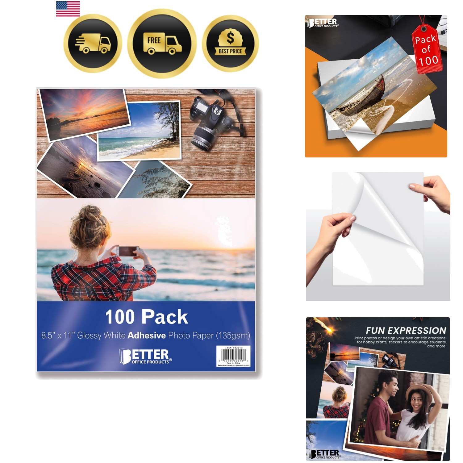 Self-Adhesive Photo Paper Glossy 8.5 x 11 Inch 100 Sheets for Inkjet Laser