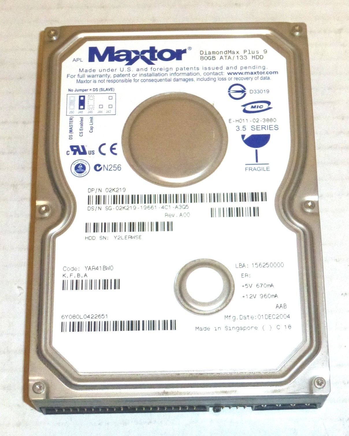 Maxtor DiamondMax Plus 9 6Y080L0 80GB IDE Hard Drive Code: YAR41BW0 K,F,B,A