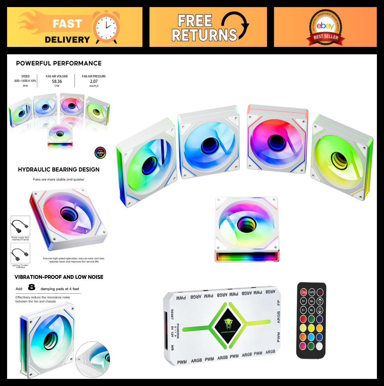 120mm ARGB PC Case Fan 5-Pack, Infinity Mirror RGB, 800-1600RPM, PWM, White